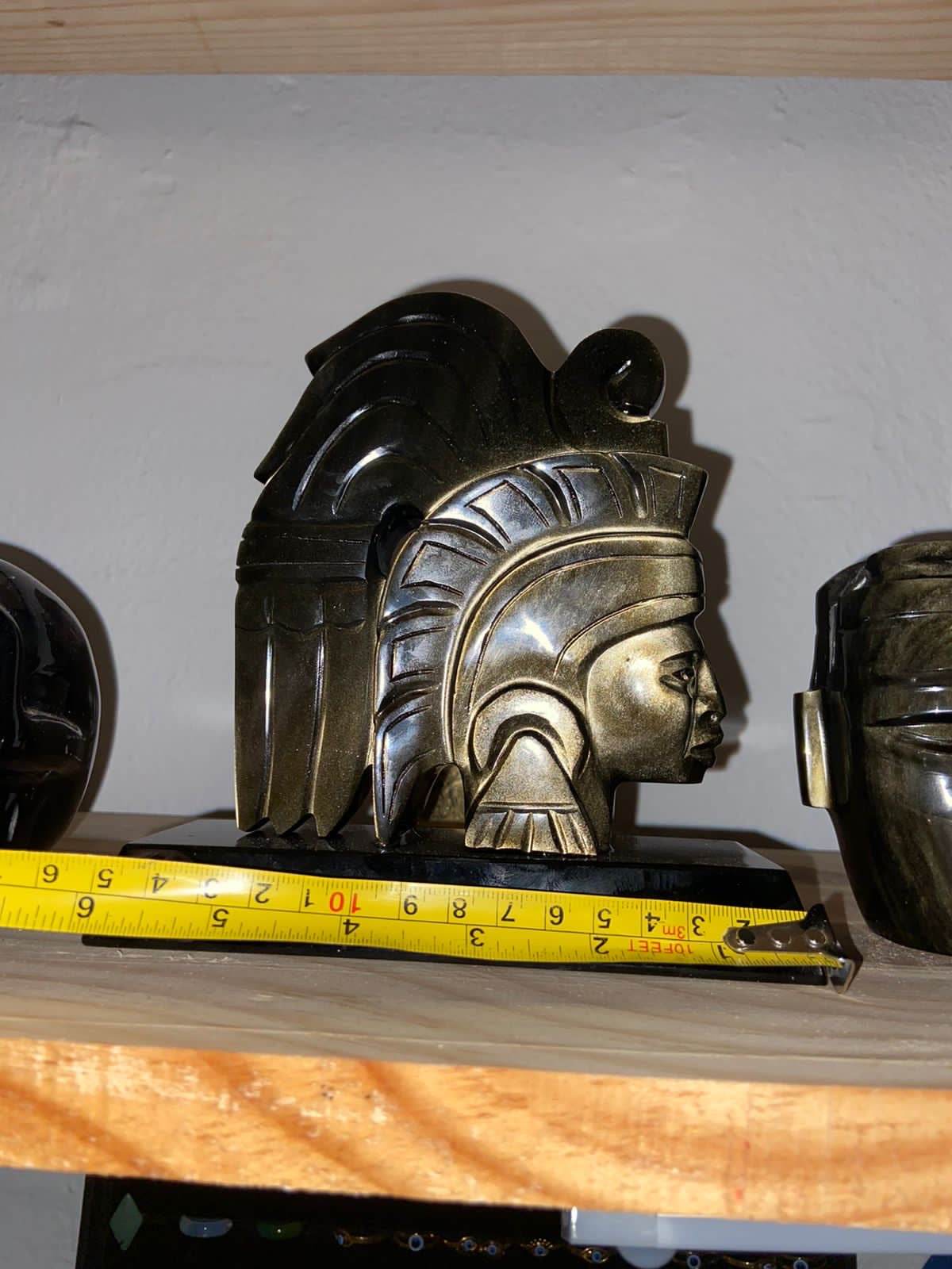 Cuauhtemoc carved in golden obsidian, pre-Colombian pre-Hispanic sculpture, Mexican decoration collection