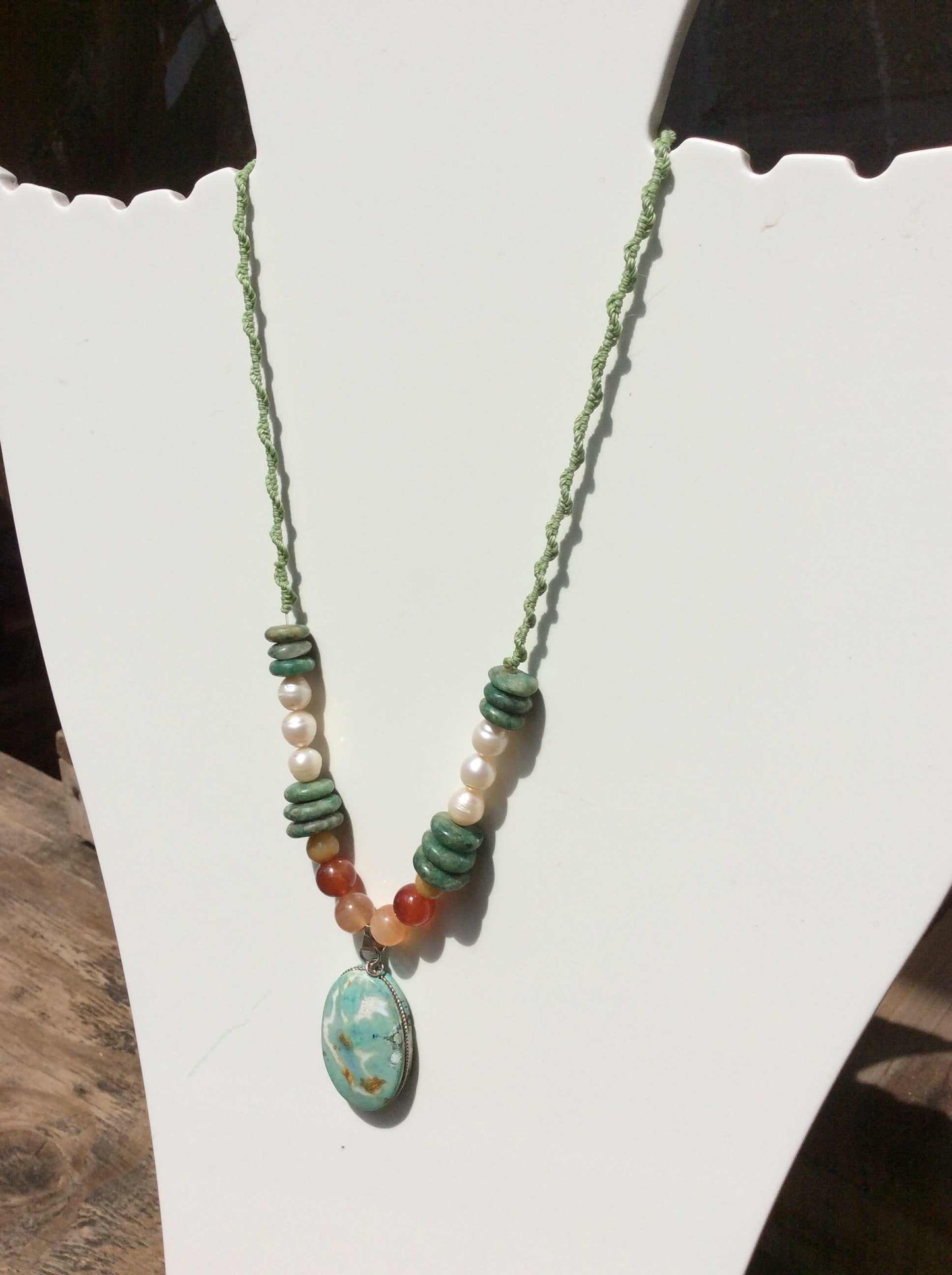 Turquoise Gemstone Necklace - Natural Stone Jewelry with Mother of Pearls & Jadeite beads
