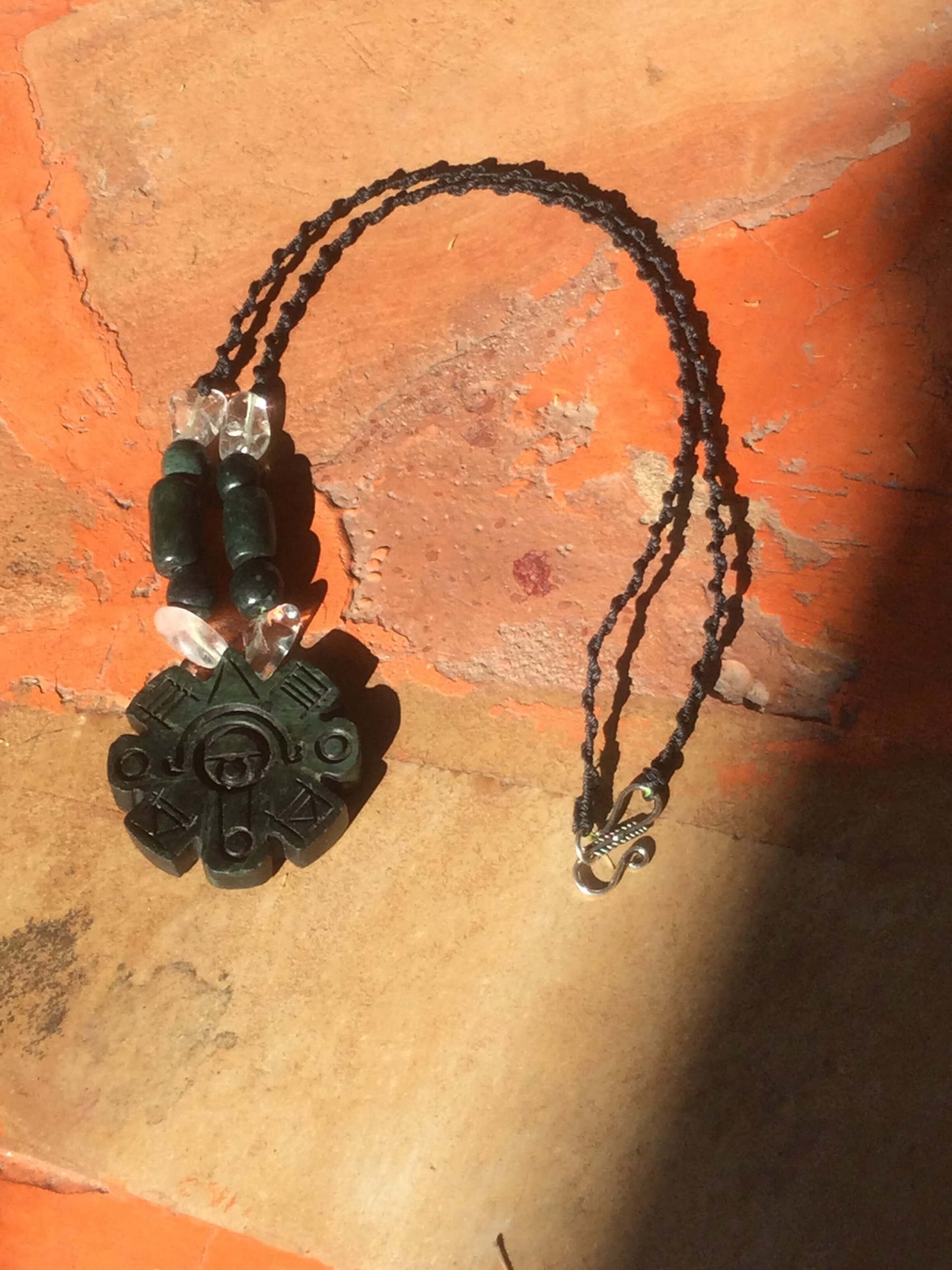 Ollin Pendant, Aztec calendar symbol, Guatemalan jade style, serpentine stone, Mexican precolombian Jewelry
