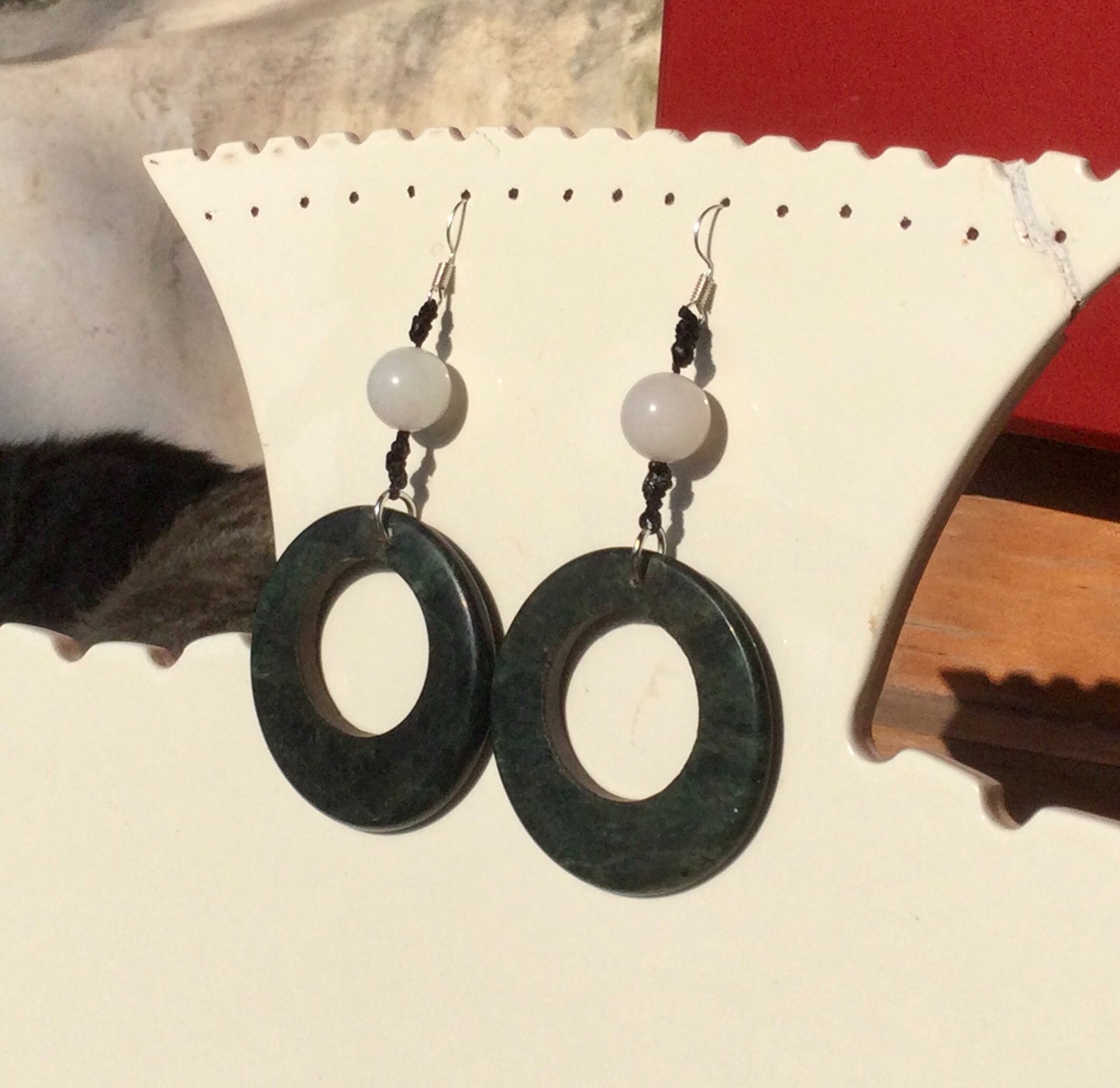 Hoop Earrings Guatemalan Jade style - Serpentine & rose quartz Stone