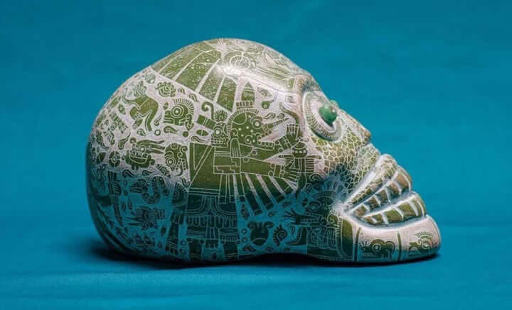 Aztec skull carved in ceramic & engraved with precolombian symbols from Teotihuacan Artist,prehispanic Art, Mexican collection Decoration - Mexican Aztec Calavera