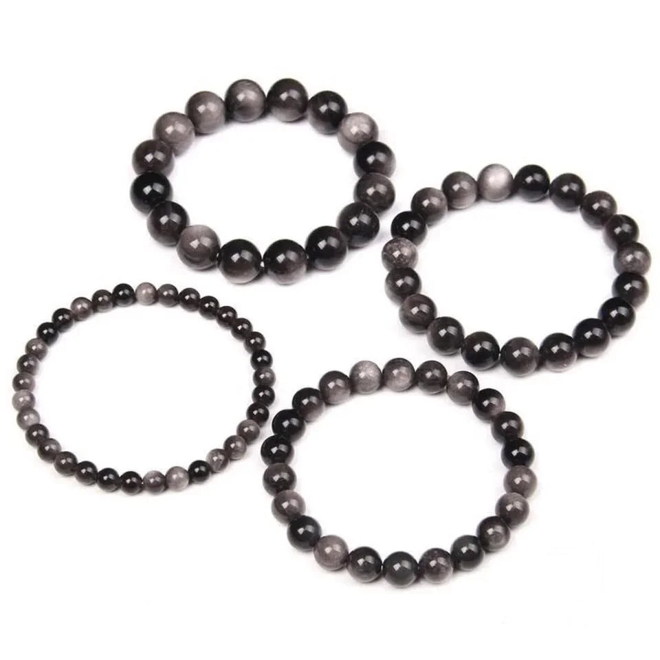 Silver Obsidian Beads Bracelet | Mexican Obsidian | Custom Size | Aztec Healing Jewelry