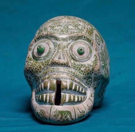 Aztec skull carved in ceramic & engraved with precolombian symbols from Teotihuacan Artist,prehispanic Art, Mexican collection Decoration - Mexican Aztec Calavera