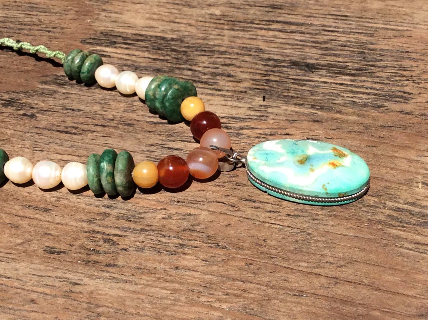 Turquoise Gemstone Necklace - Natural Stone Jewelry with Mother of Pearls & Jadeite beads