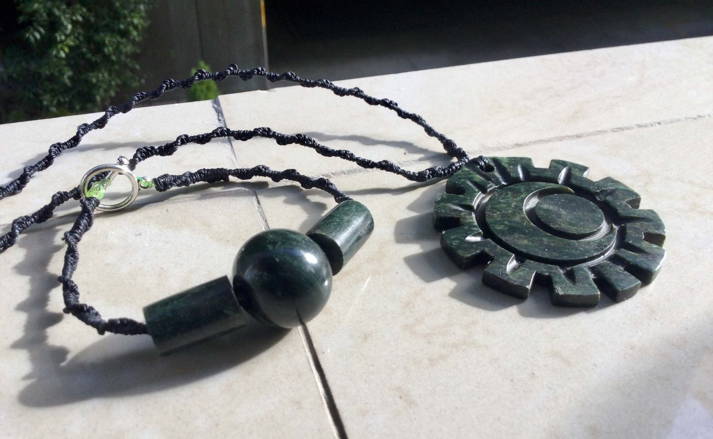 Moon Sun Symbol Guatemalan jade serpentine stone necklace - Mexican Precolombian jewelry