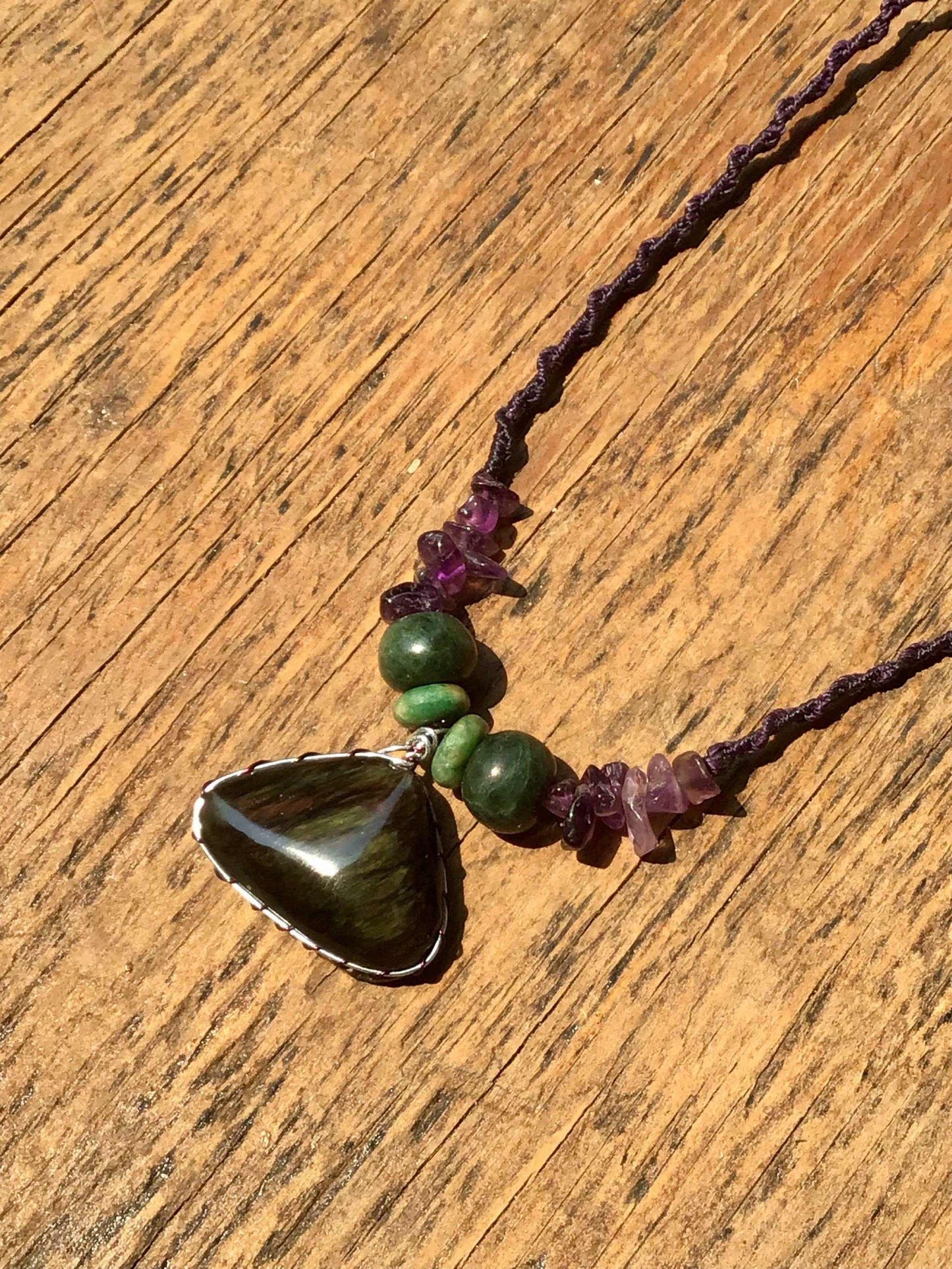 Velvet Obsidian Pendant Necklace with Amethyst & Guatemalan Jadeite Beads - Mexican Rainbow Obsidian Jewelry