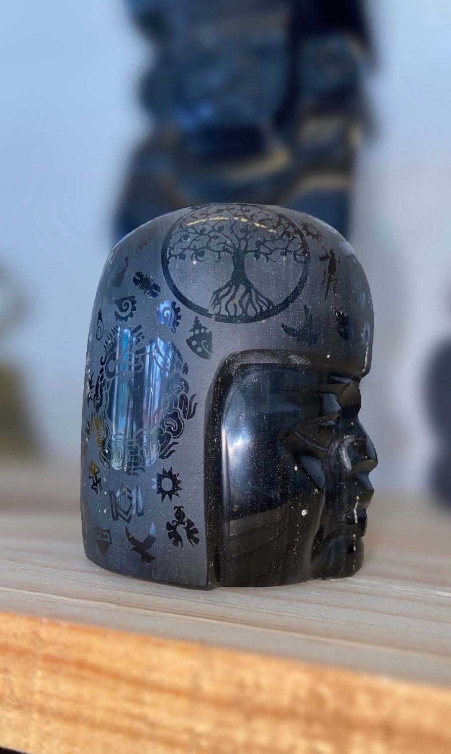 Olmec head carved in golden obsidian with engravings of symbols, pre-Colombian pre-Hispanic Olmec sculpture, Mexican decoration collection