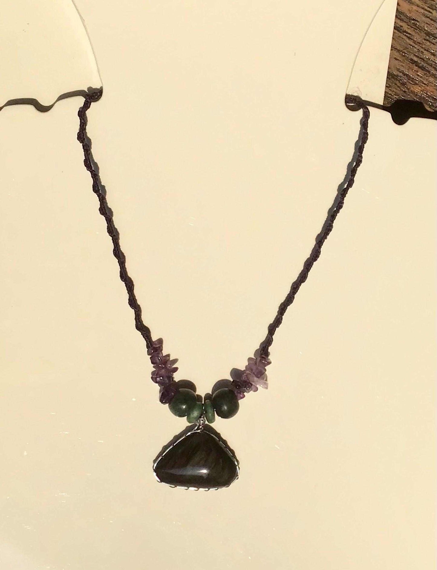 Velvet Obsidian Pendant Necklace with Amethyst & Guatemalan Jadeite Beads - Mexican Rainbow Obsidian Jewelry