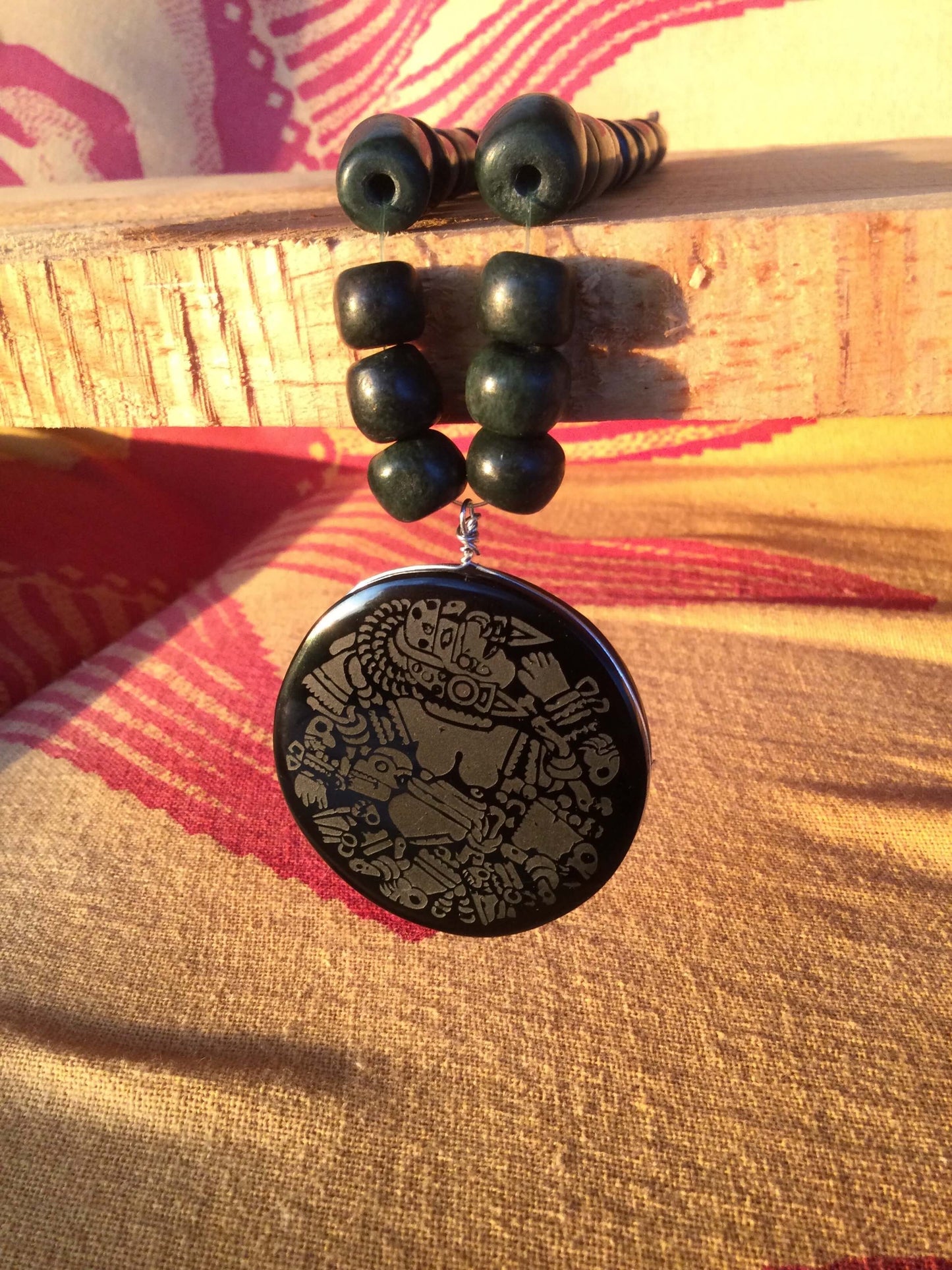 Coyolxauhqui Pendant Necklace- Mexican Obsidian & guatemalan jade beads style- Precolombian Aztec Jewelry