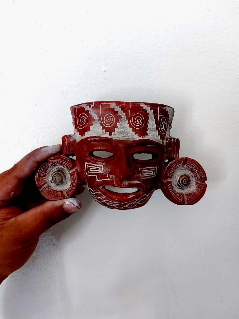 Teotihuacan Mask Pendant carved in ceramic, Mexican Pre Hispanic symbols engraved - Precolombian Jewelry