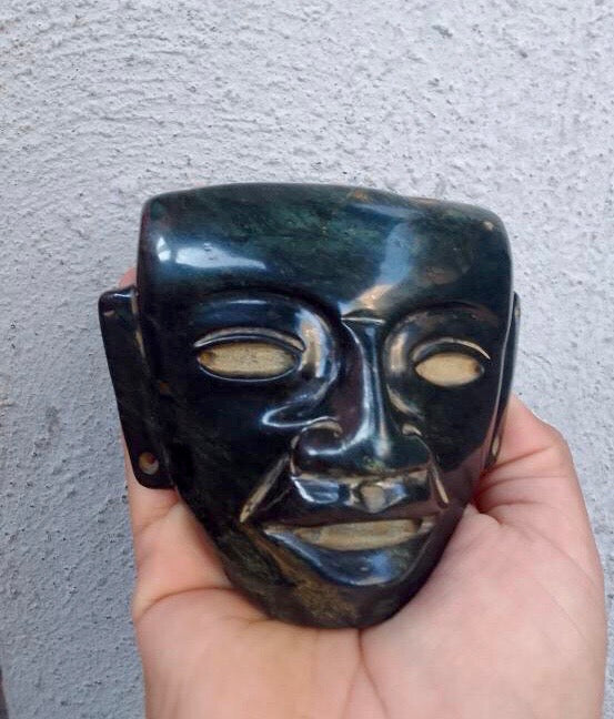 Teotihuacan Head Mask - Dark Green Serpentine Stone pendant - Guatemalan Jade Style - Handmade Mexican Artisan Sculpture - 4"x3"
