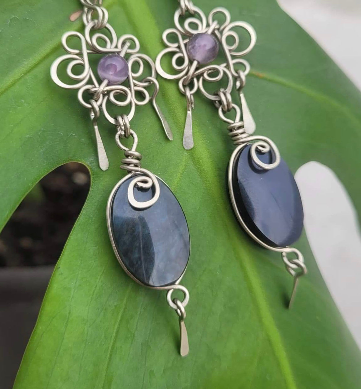 Obsidian stone & Amethyst Filigree Earrings - Handcrafted with Love