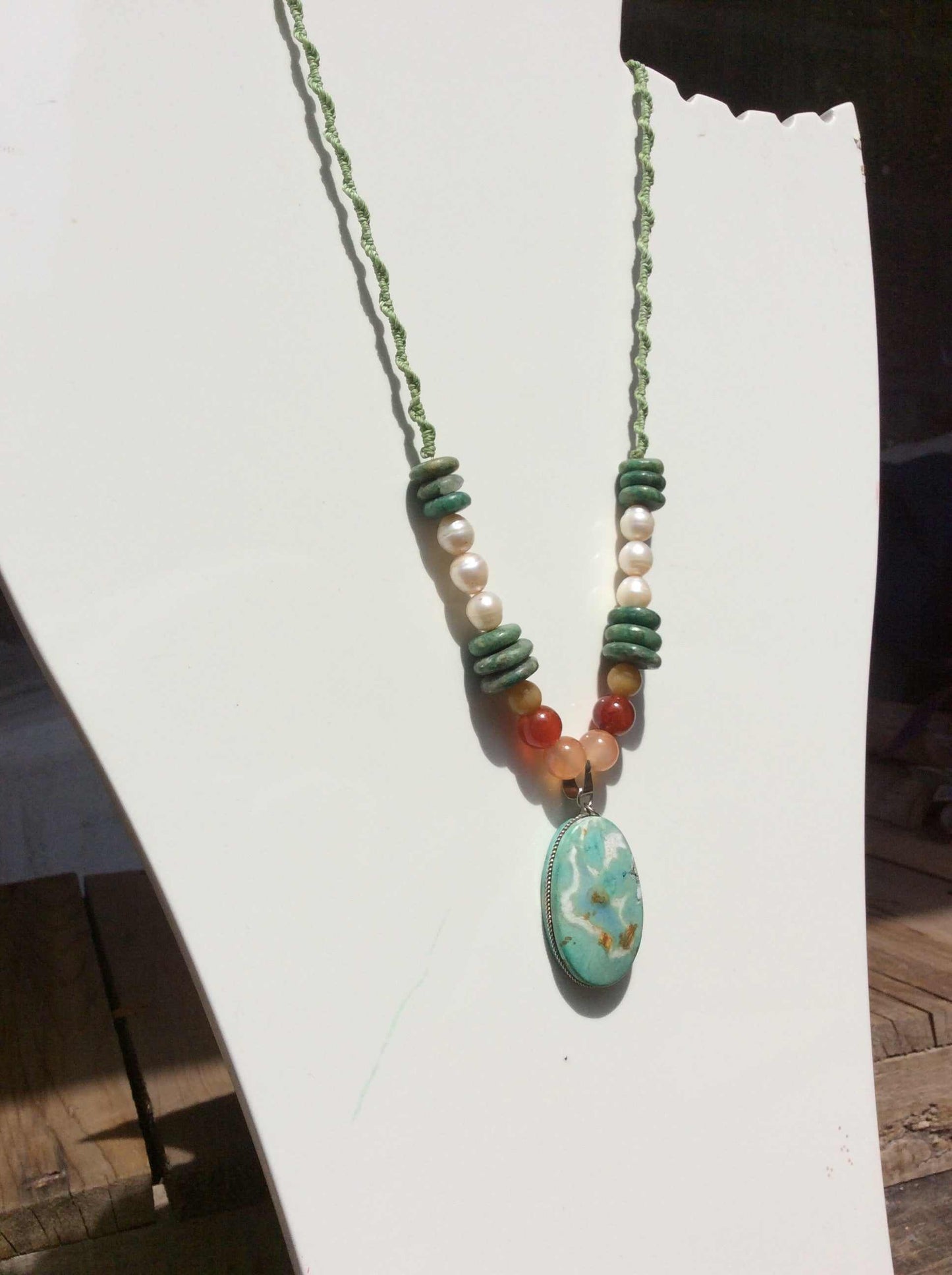Turquoise Gemstone Necklace - Natural Stone Jewelry with Mother of Pearls & Jadeite beads