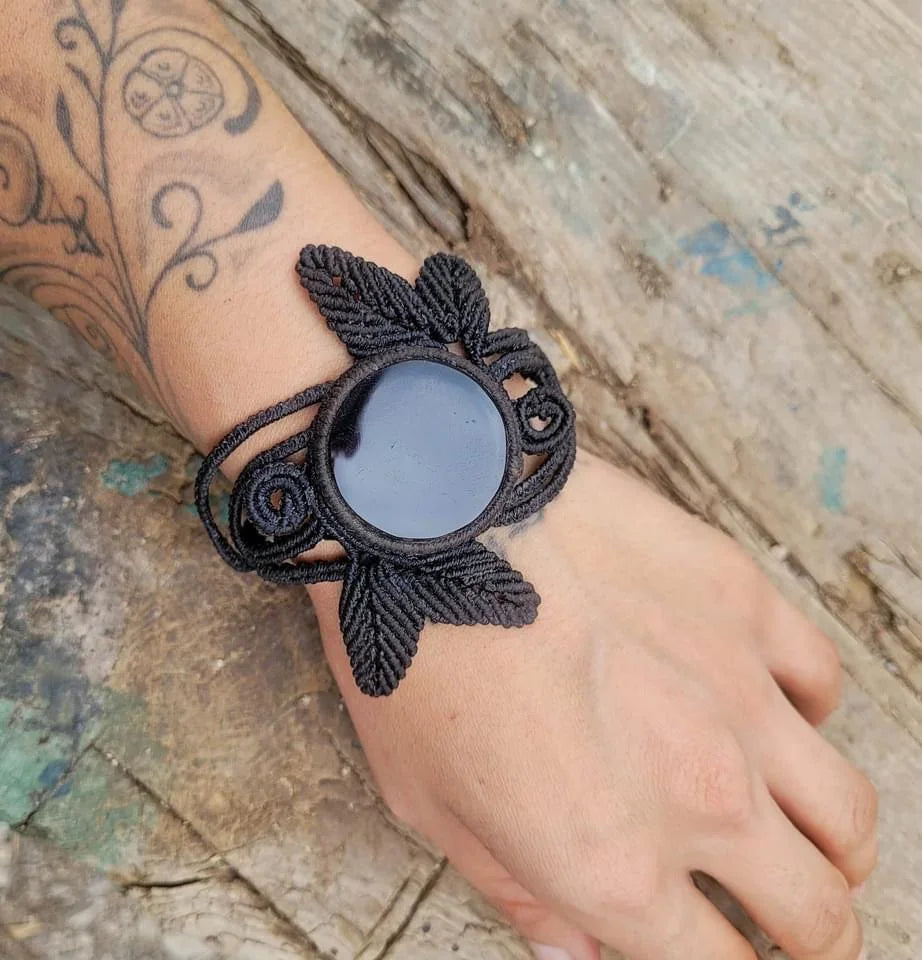 Bracelet en macramé obsidienne mexicaine – Bracelet de protection large tissé à la main, 30 cm