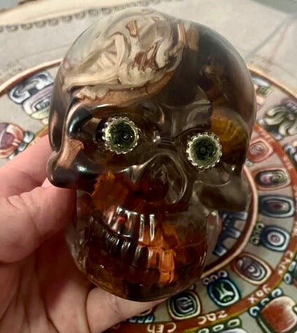 Handcrafted Resin Skull with Wood and Integrated Light - Unique Decoration