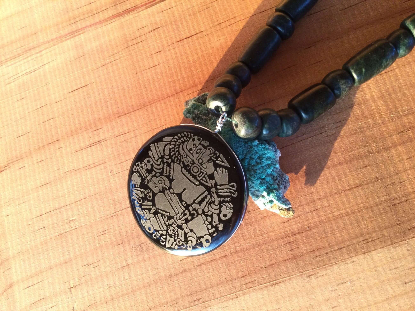 Coyolxauhqui Pendant Necklace- Mexican Obsidian & guatemalan jade beads style- Precolombian Aztec Jewelry