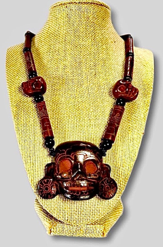 Teotihuacan Mask of Mikiztli Pendant Necklace carved in ceramic, Divinity of Death & Transformation with Mexican Pre Hispanic symbols engraved - Precolombian Jewelry