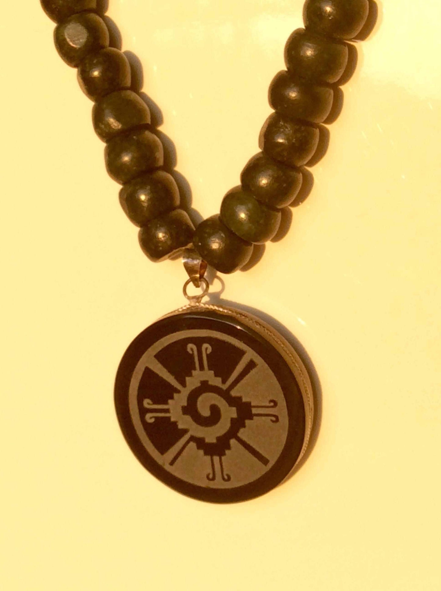 hunab ku obsidian pendant necklace - mayan jade beads jewelry