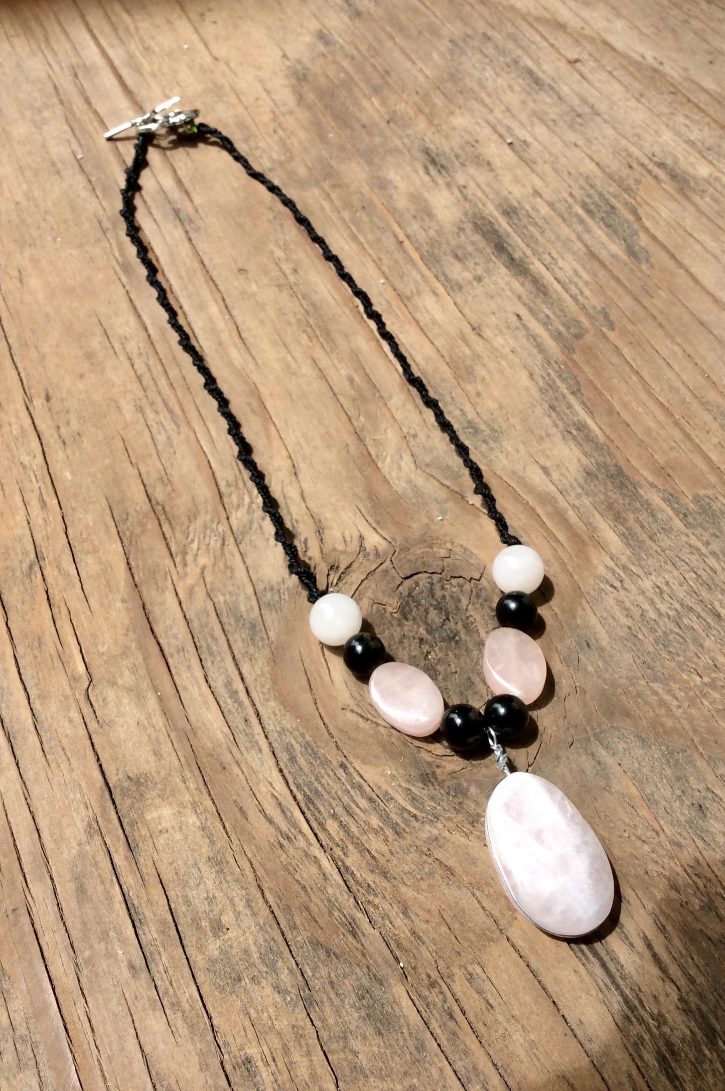 Pink Quartz Crystal Necklace - Boho Chic Macramé with Mexican Obsidian & Rose Quartz Beads