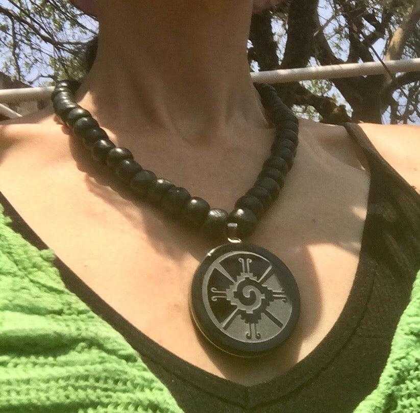 hunab ku obsidian pendant necklace - mayan jade beads jewelry