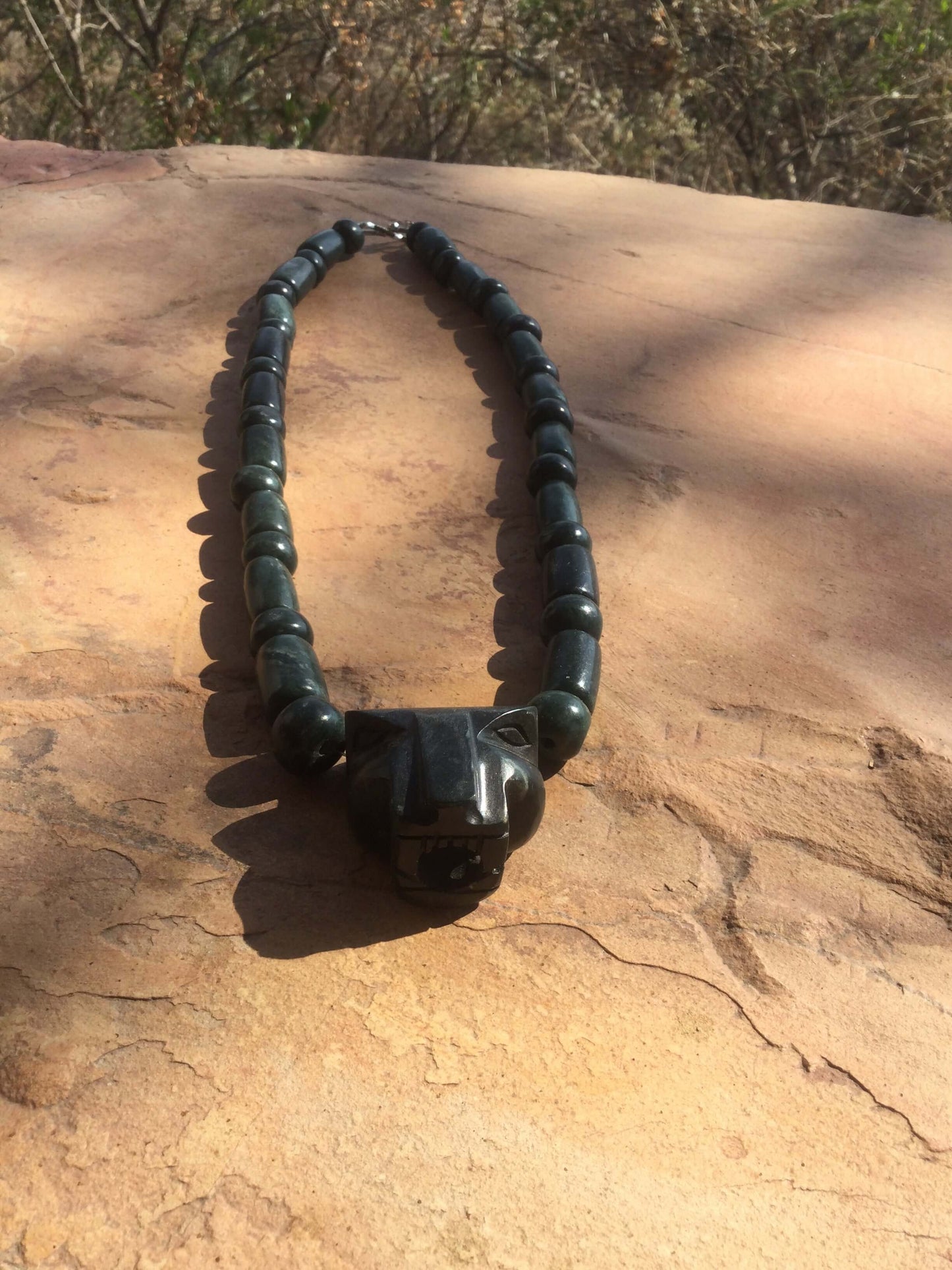 Jaguar Pendant Guatemalan jade beads necklace style, serpentine stone - Mayan Jewelry, Mexican Culture