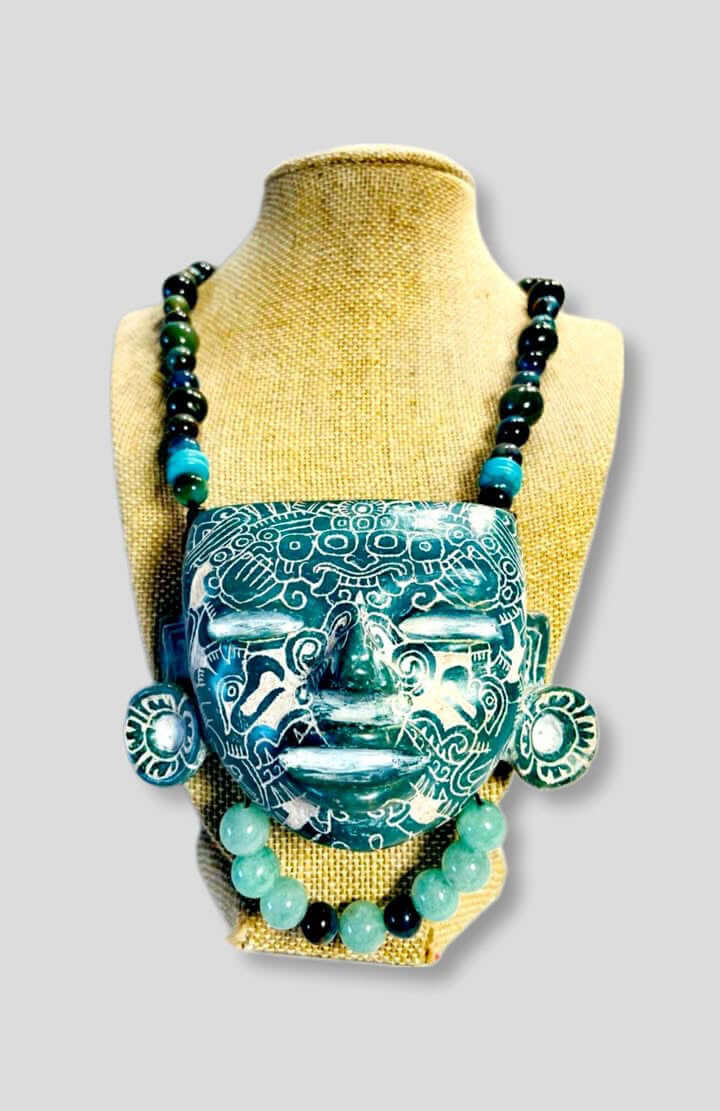 Teotihuacan Mask Pendant carved in blue ceramic, Mexican Pre Hispanic symbols engraved - Precolombian Jewelry