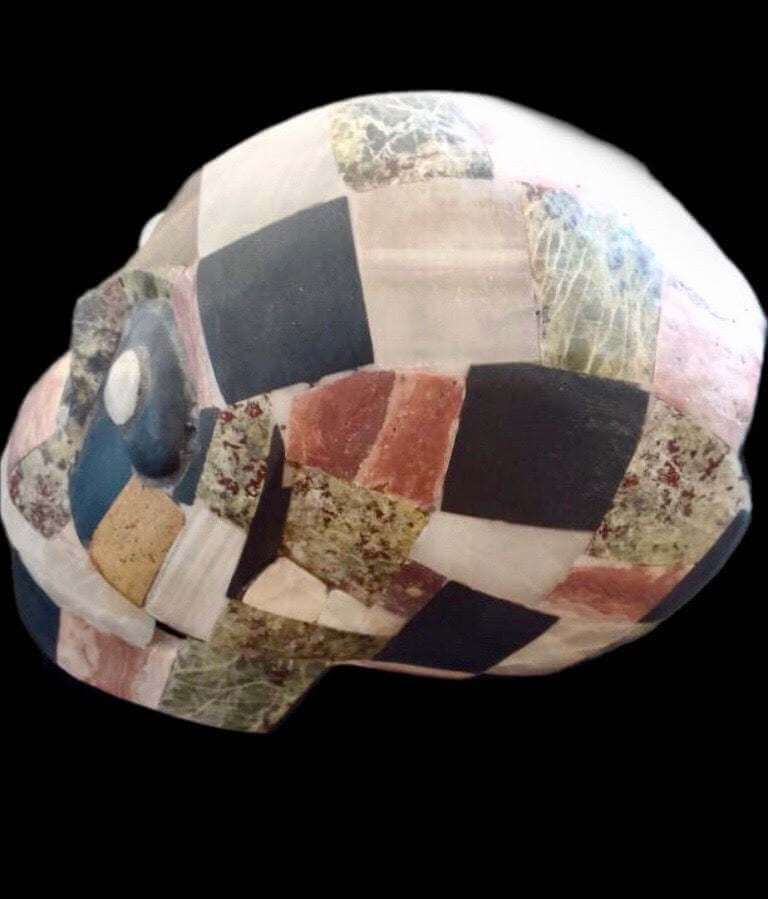 Aztec skull in mosaic of different stones Translucent 18cm/7”, carved stone Mexican Decoration