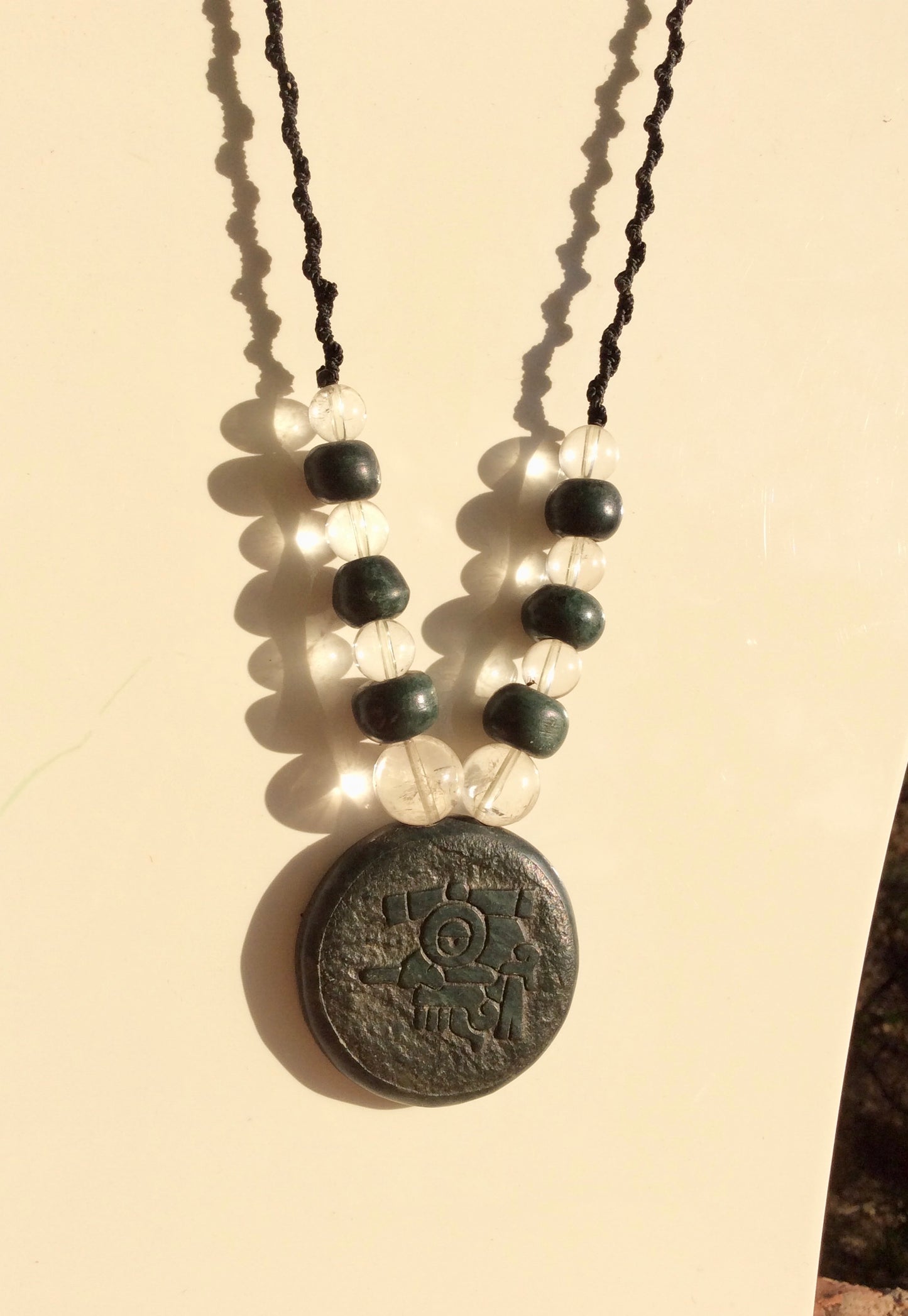Tlaloc Pendant Necklace- Mexican Divinity of storm and Rain- Guatemalan jade style, serpentine & crystal Quartz stone beads