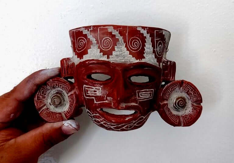 Teotihuacan Mask Pendant carved in ceramic, Mexican Pre Hispanic symbols engraved - Precolombian Jewelry