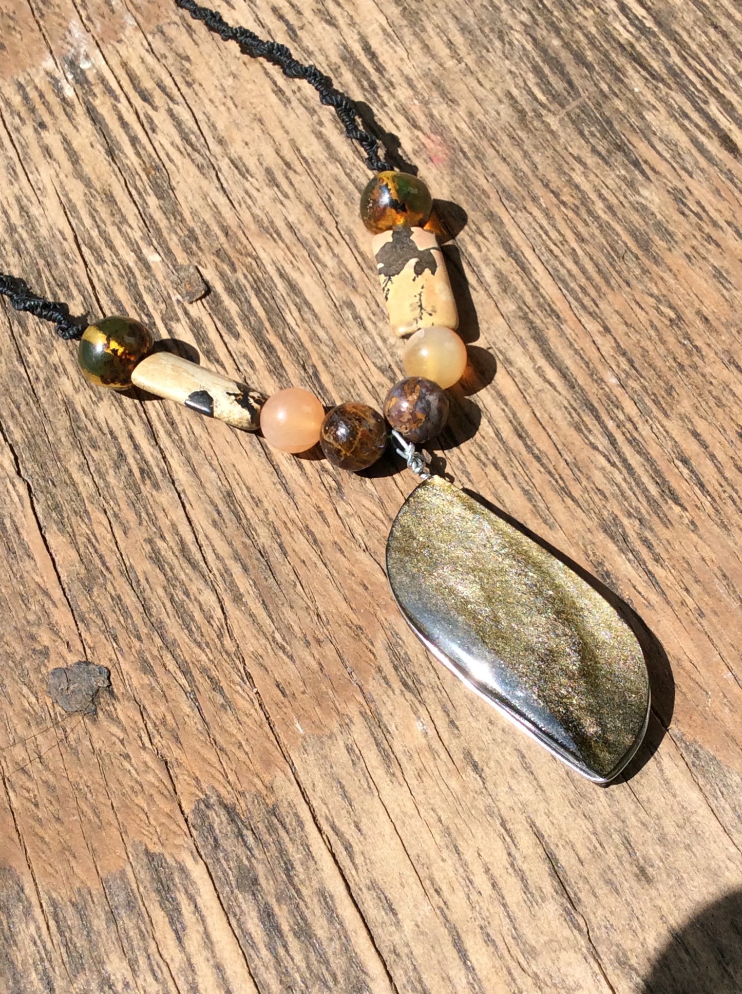 Golden Obsidian Pendant Necklace with Amber, petrified wood & Agate beads, unique Mexican Jewelry