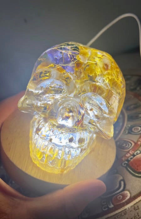 Handcrafted Resin Skull with Sacred plant inclusion and Integrated Light - Unique Decoration