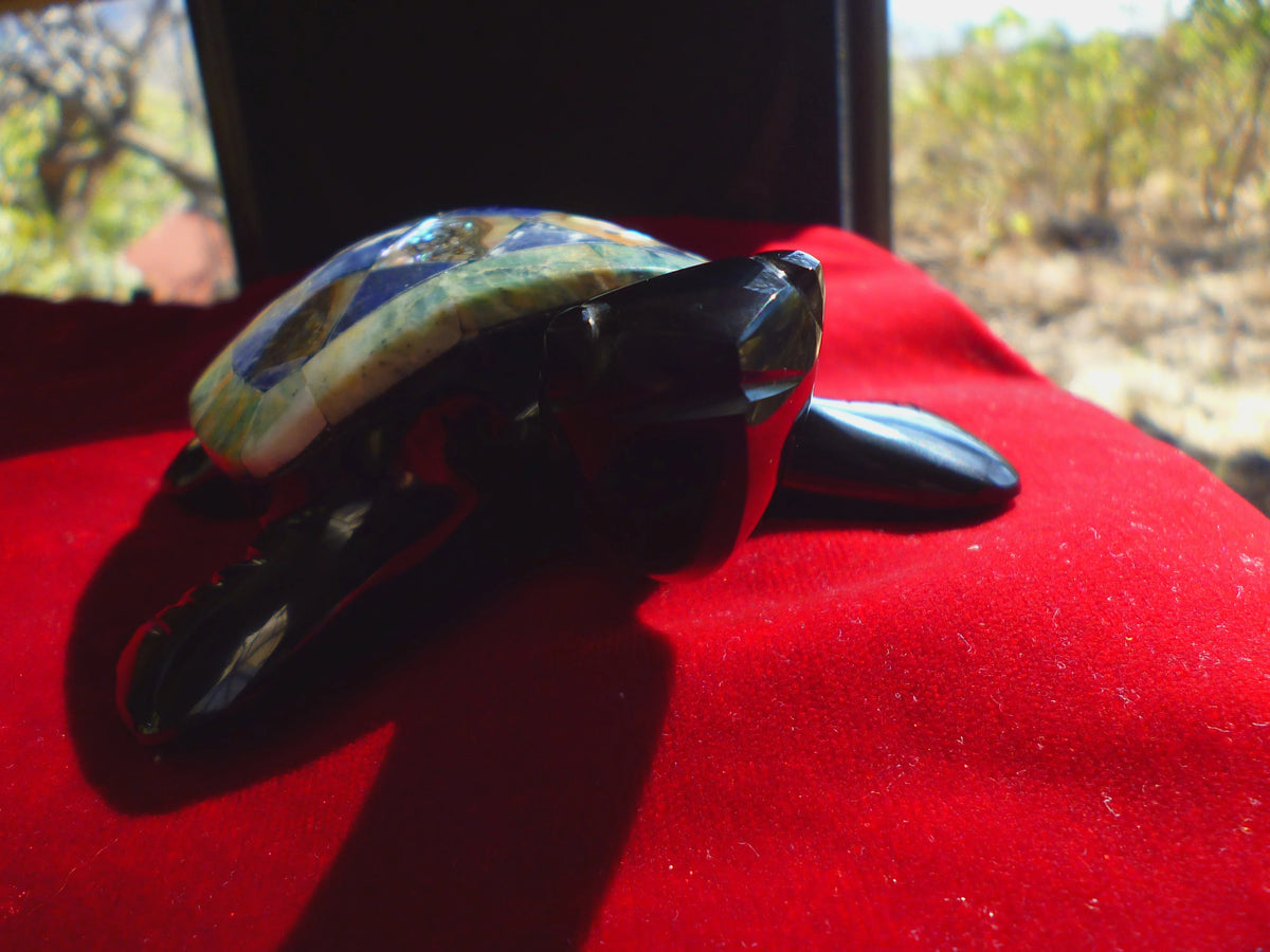 Turtle Hand-Carved in Mexican Obsidian | Mother of Pearl & Sodalite Mosaic | Teotihuacan Sculpture | Pre-Columbian Collectible
