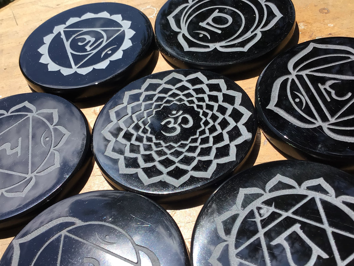 Black Obsidian 7 Chakra Set | Engraved Symbols | Teotihuacan, Mexico