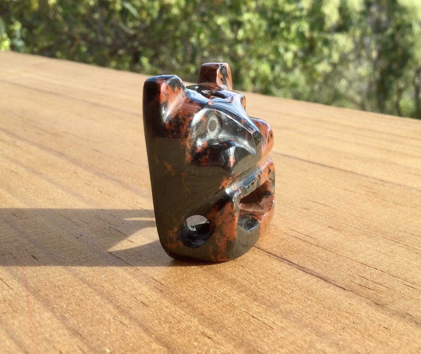 Jaguar carved in stone pendant Mexican Mahogany Obsidian 50mm