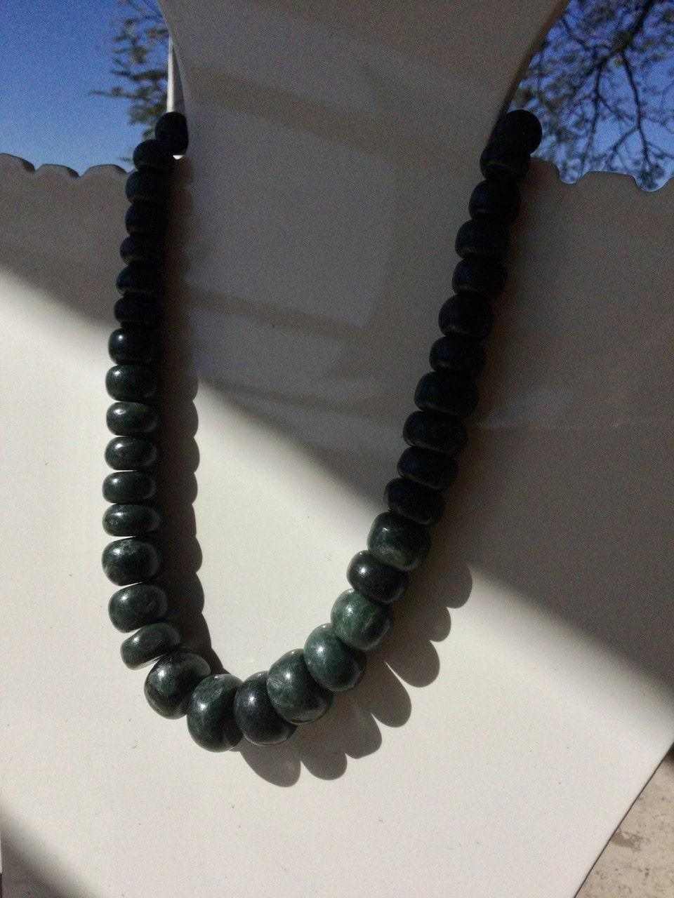 Dark Green Guatemalan Jade Necklace - Mayan Jewelry with Crescent Beads, Handmade Gemstone Necklace