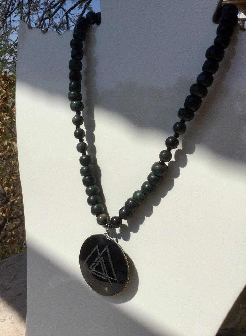 Fire Element pendant Necklace with Engraved Obsidian and Guatemalan Jade Beads - Rainbow Obsidian Gemstone Jewelry