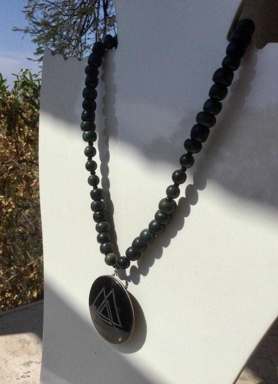 Fire Element pendant Necklace with Engraved Obsidian and Guatemalan Jade Beads - Rainbow Obsidian Gemstone Jewelry