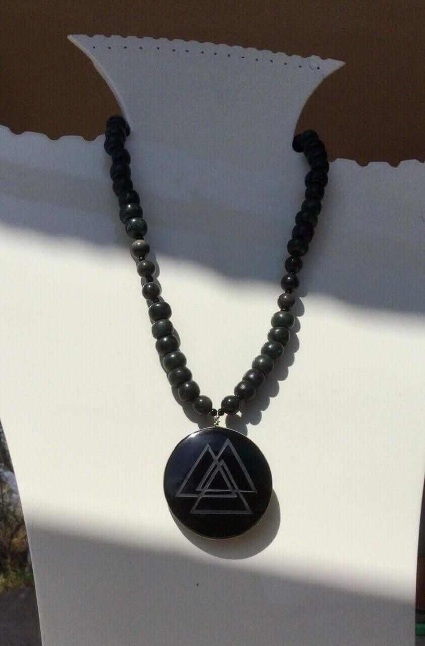 Fire Element necklace jewelry engraved on obsidian Fire gemstone with Guatemalan jade beads & rainbow obsidian beads