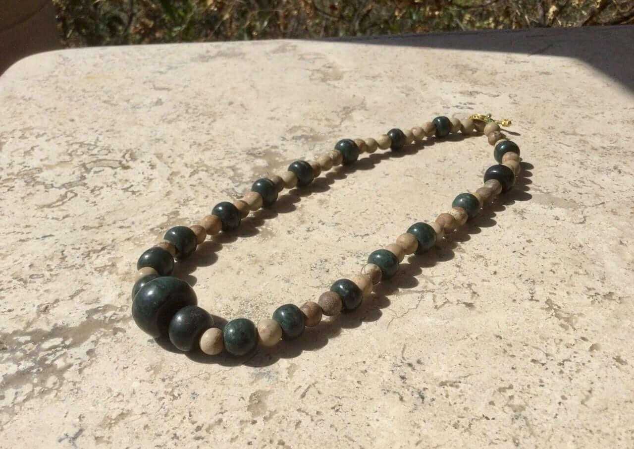 Guatemalan jade necklace Mayan jade jewelry dark green & petrified wood beads
