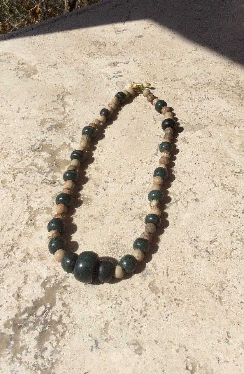 Dark Green Guatemalan Jade Necklace - Mayan Jewelry with Petrified Wood Beads, Handmade Gemstone Necklace