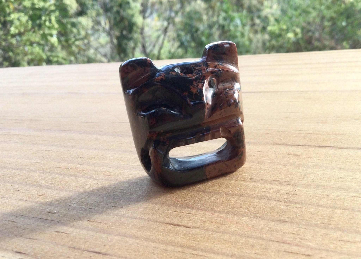 Jaguar carved in stone pendant Mexican Mahogany Obsidian 50mm