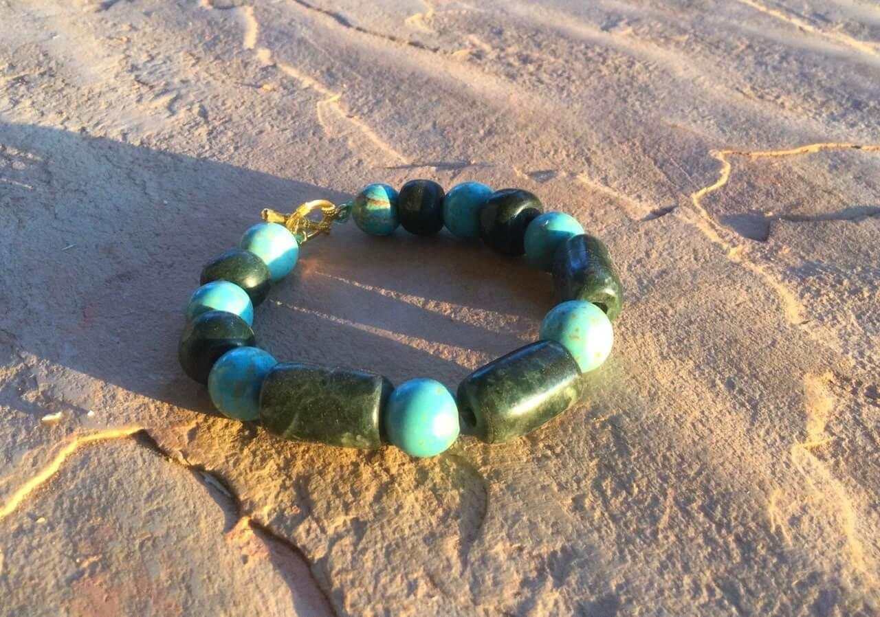 Guatemalan jade bracelet Mayan jade jewelry dark green & Turquoise beads