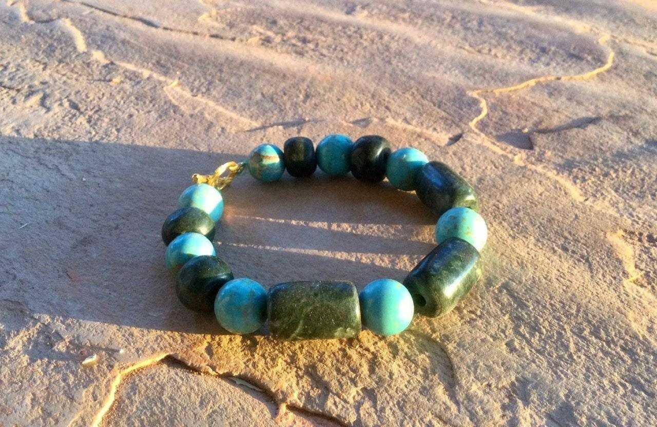 Dark Green Guatemalan Jade Bracelet - Mayan Jewelry with Turquoise Beads