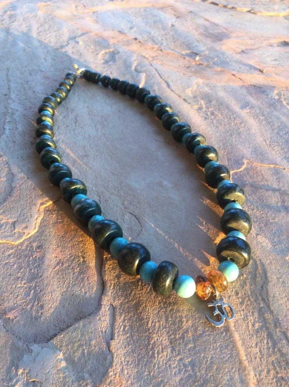 Dark Green Guatemalan Jade Bracelet - Mayan Jewelry with Turquoise Beads