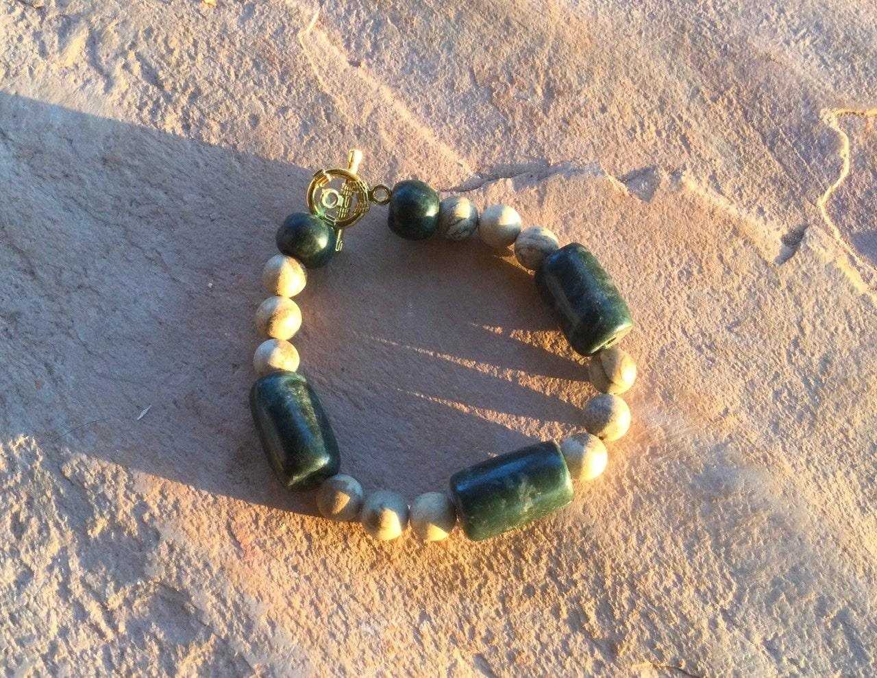 Dark Green Guatemalan Jade Bracelet - Mayan Jewelry with Petrified Wood Beads