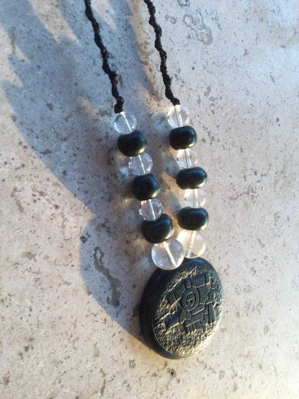 Tlaloc Pendant Necklace- Mexican Divinity of storm and Rain- Guatemalan jade style, serpentine & crystal Quartz stone beads - Mexican precolombian Jewelry Aztec