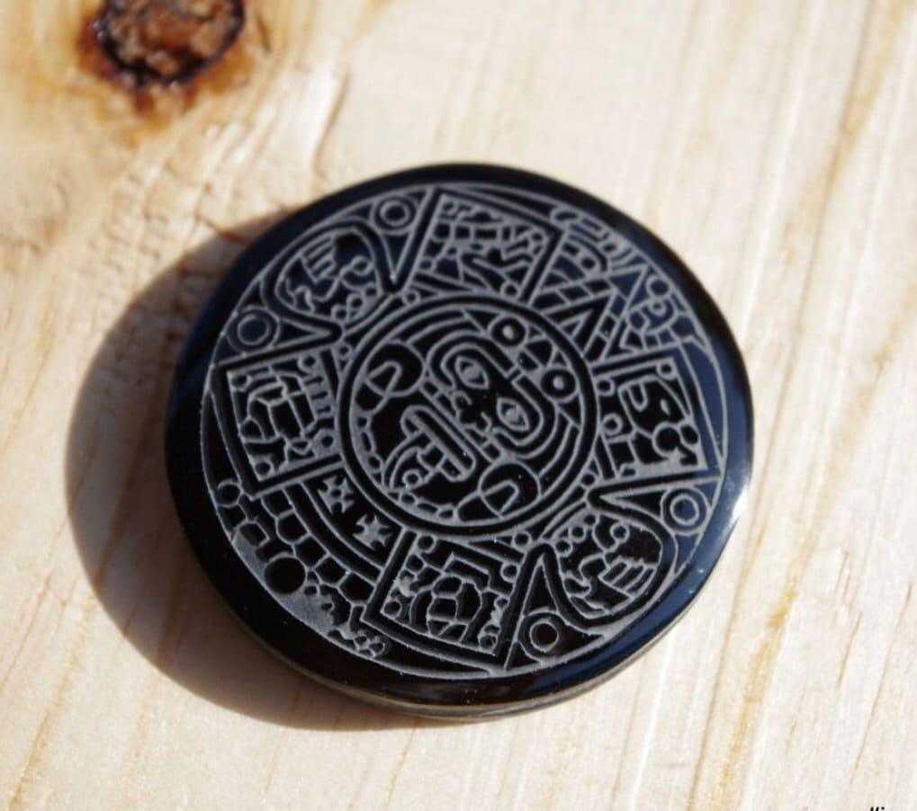 Aztec Calendar Obsidian Pendant - Handcrafted Mexican Jewelry in Black Stone