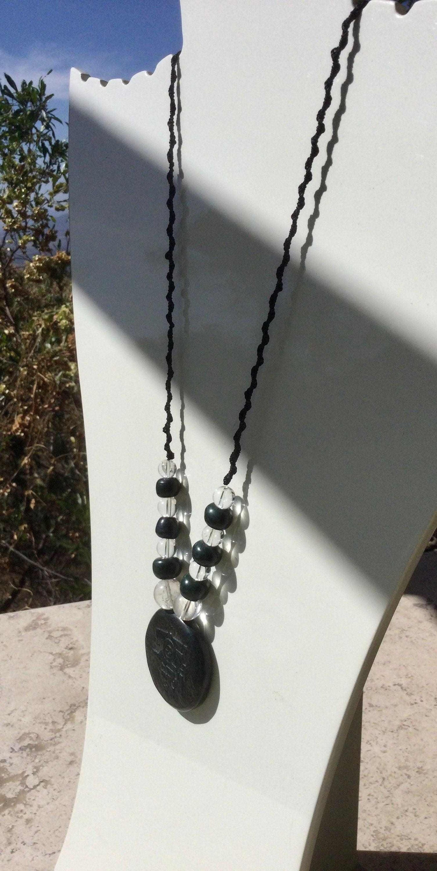 Tlaloc Pendant Necklace- Mexican Divinity of storm and Rain- Guatemalan jade style, serpentine & crystal Quartz stone beads - Mexican precolombian Jewelry Aztec