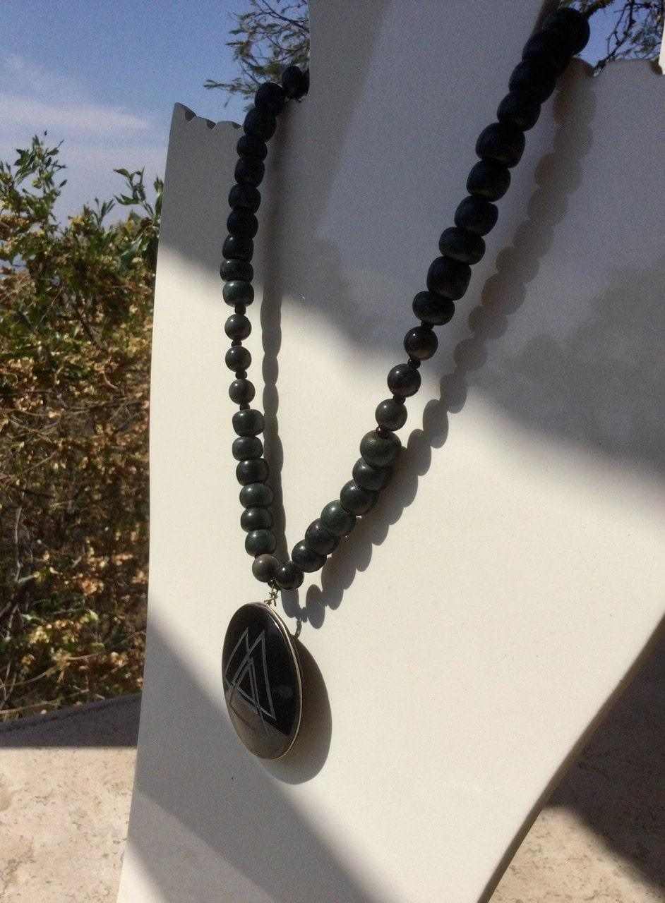 Fire Element pendant Necklace with Engraved Obsidian and Guatemalan Jade Beads - Rainbow Obsidian Gemstone Jewelry