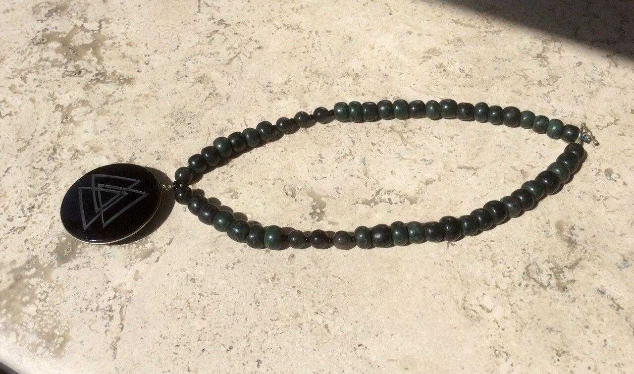Fire Element pendant Necklace with Engraved Obsidian and Guatemalan Jade Beads - Rainbow Obsidian Gemstone Jewelry
